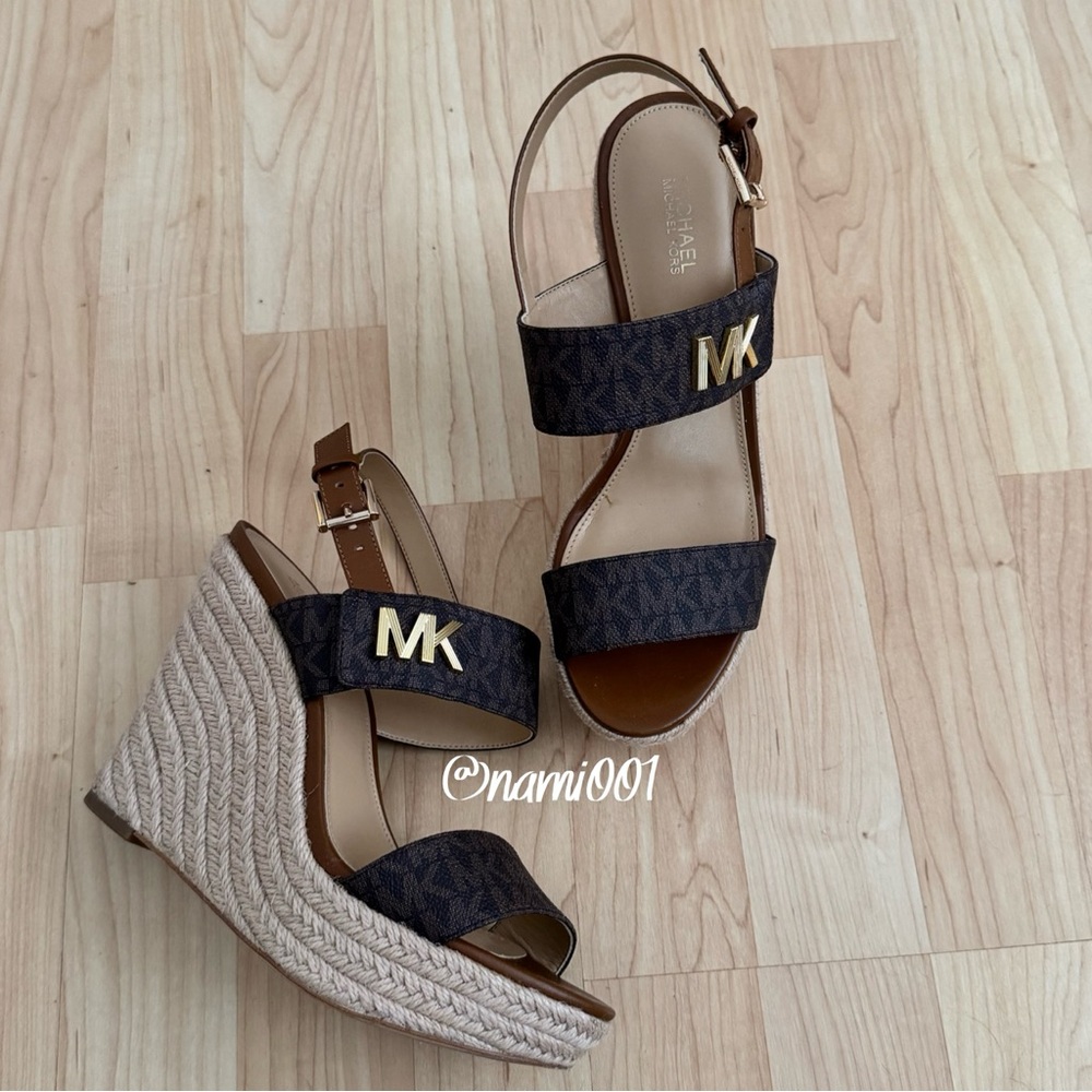 MICHAEL Michael Kors Brown Monogram Deanna Wedges Sandals with Logo Straps